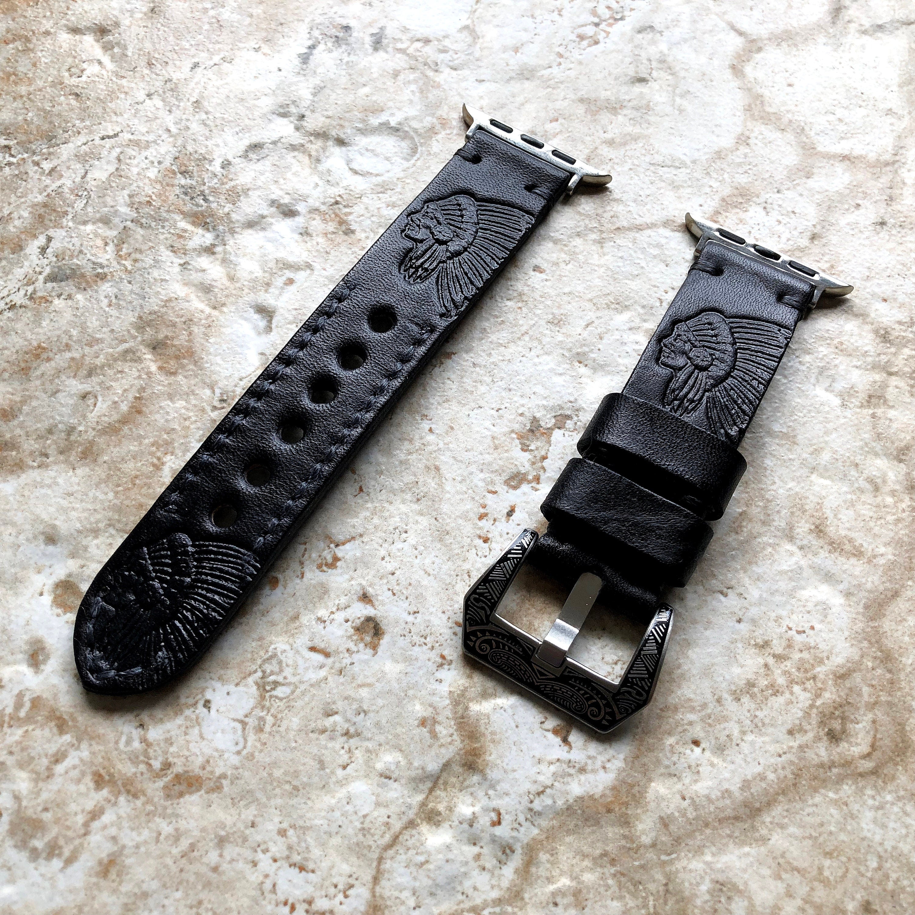 Chief Boss Band 22mm 24mm 25mm Tooled Embossed Genuine Leather Compatible with Apple Watch Fitbit Versa 2 3 4 Sense 2 Ionic Handmade Strap